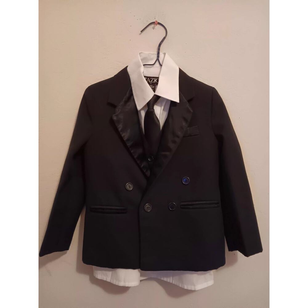 Tazio Blazer Set, Little Boys 6/7, Shirt, Tie, Vest, Blazer, Black & White, EUC